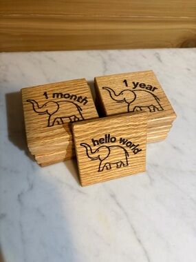 Wooden Baby Milestone Blocks with Elephant Engraving - Natural Wood